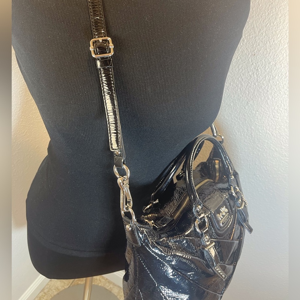 Coach Madison Diagonal Pleated Patent Leather Juliette Satchel Black Bag 21304 - Picture 7 of 13